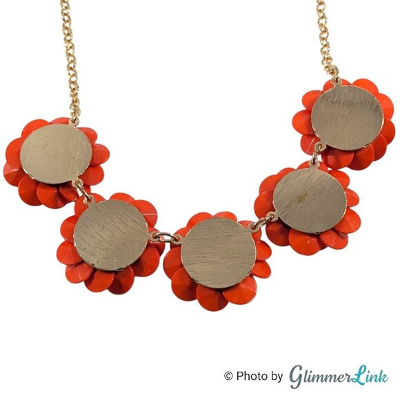 Red Orange Flower Cluster Statement Floral Bib Gold Tone Necklace - Picture 7 of 9